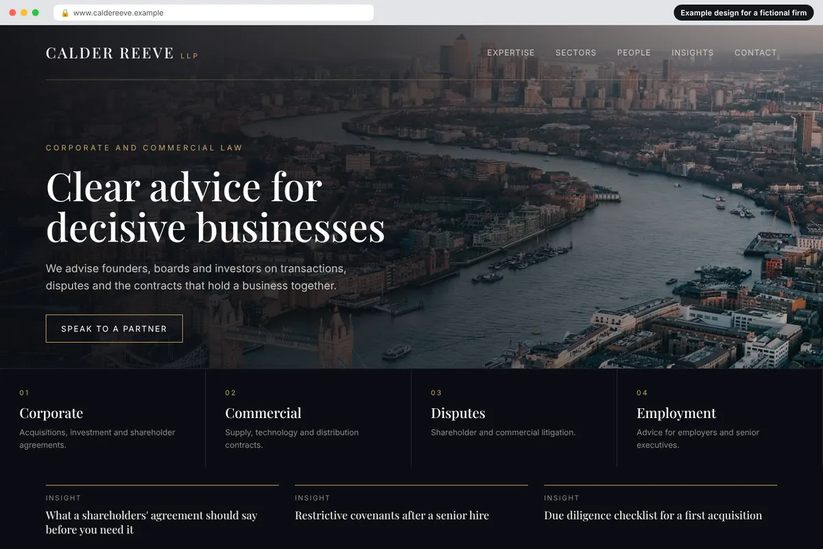 Example homepage design for a fictional commercial and corporate firm called Calder Reeve LLP