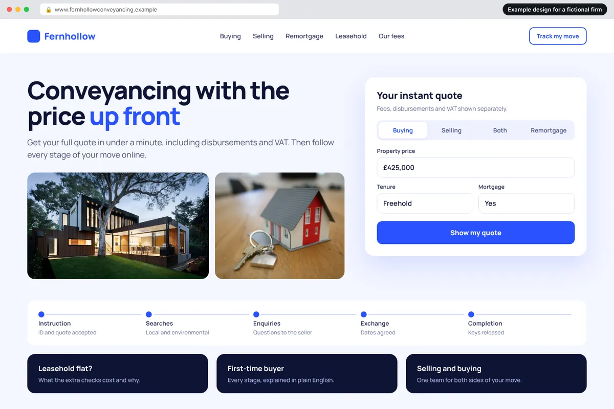 Example homepage design for a fictional conveyancing firm called Fernhollow